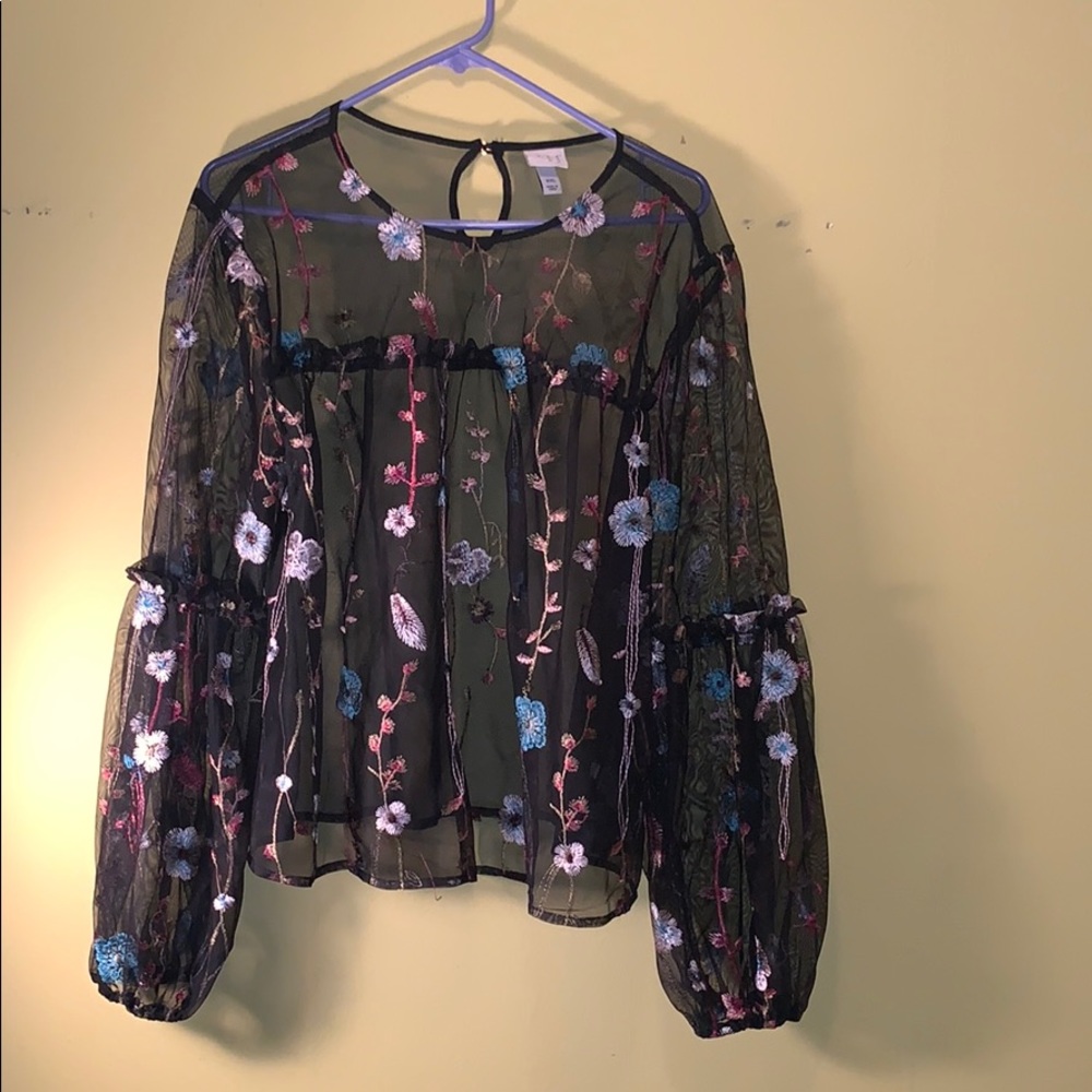 long sleeve sheer floral shirt